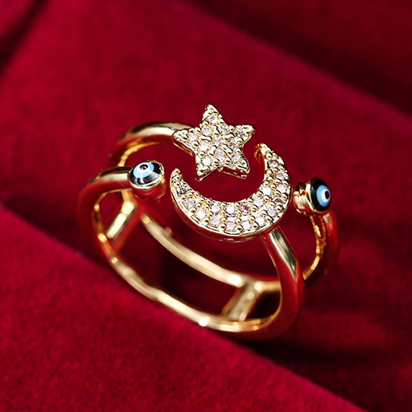 Copper Adjustable Ring with Zirconia Star and Moon for Women